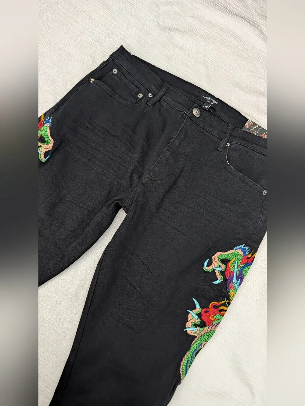 NEW Ed Hardy Men's Black Dragon Embroidered Jeans Sz 34